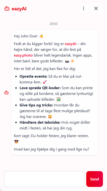 eazyAI-chatpanelet åbent i eazy.photo-dashboardet, der viser en samtale med AI-assistenten