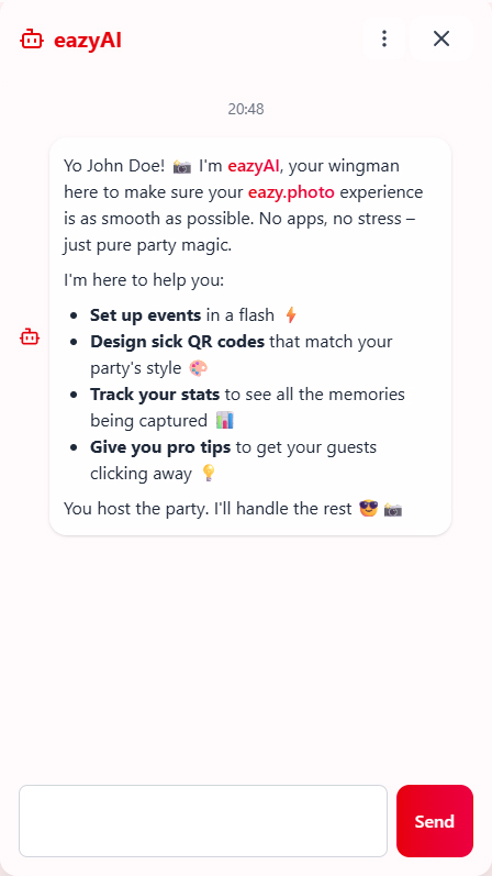 The eazyAI chat panel open in the eazy.photo dashboard, showing a conversation with the AI assistant