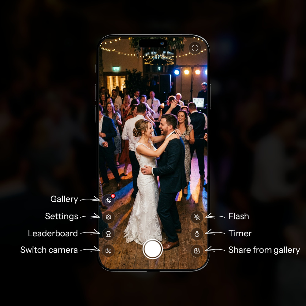 The eazy.photo camera viewfinder on a phone screen, showing a live camera feed of an event with the shutter button ready to capture a photo