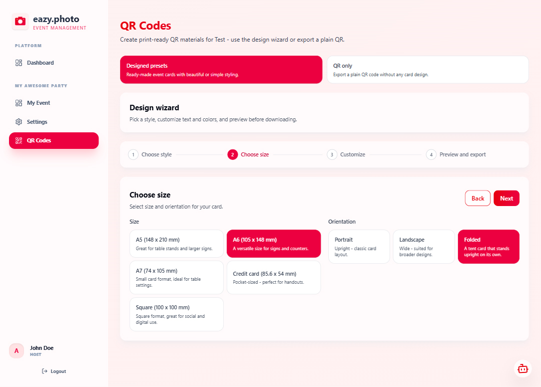 The eazy.photo QR Card Wizard showing a step-by-step interface for designing a printable QR card with a live preview