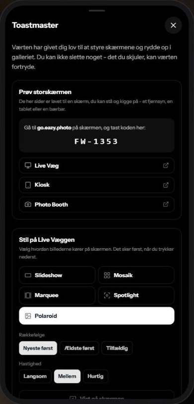 Organisator-skuffen på en telefon, med adgangskode til storskærmen og stil på Live Væggen
